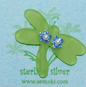 Petite Sapphire Flower Earrings w/dragonfly