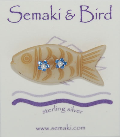 Petite Flower Earrings on Fish Button - sapphire
